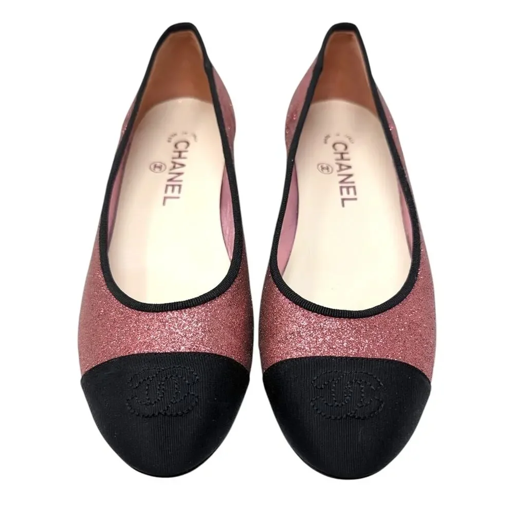 Chanel Ballet Block Heel Pumps Pink Glitter Grosgrain Cap Toe CC Logo 37.5 | 7 - Picture 4 of 13
